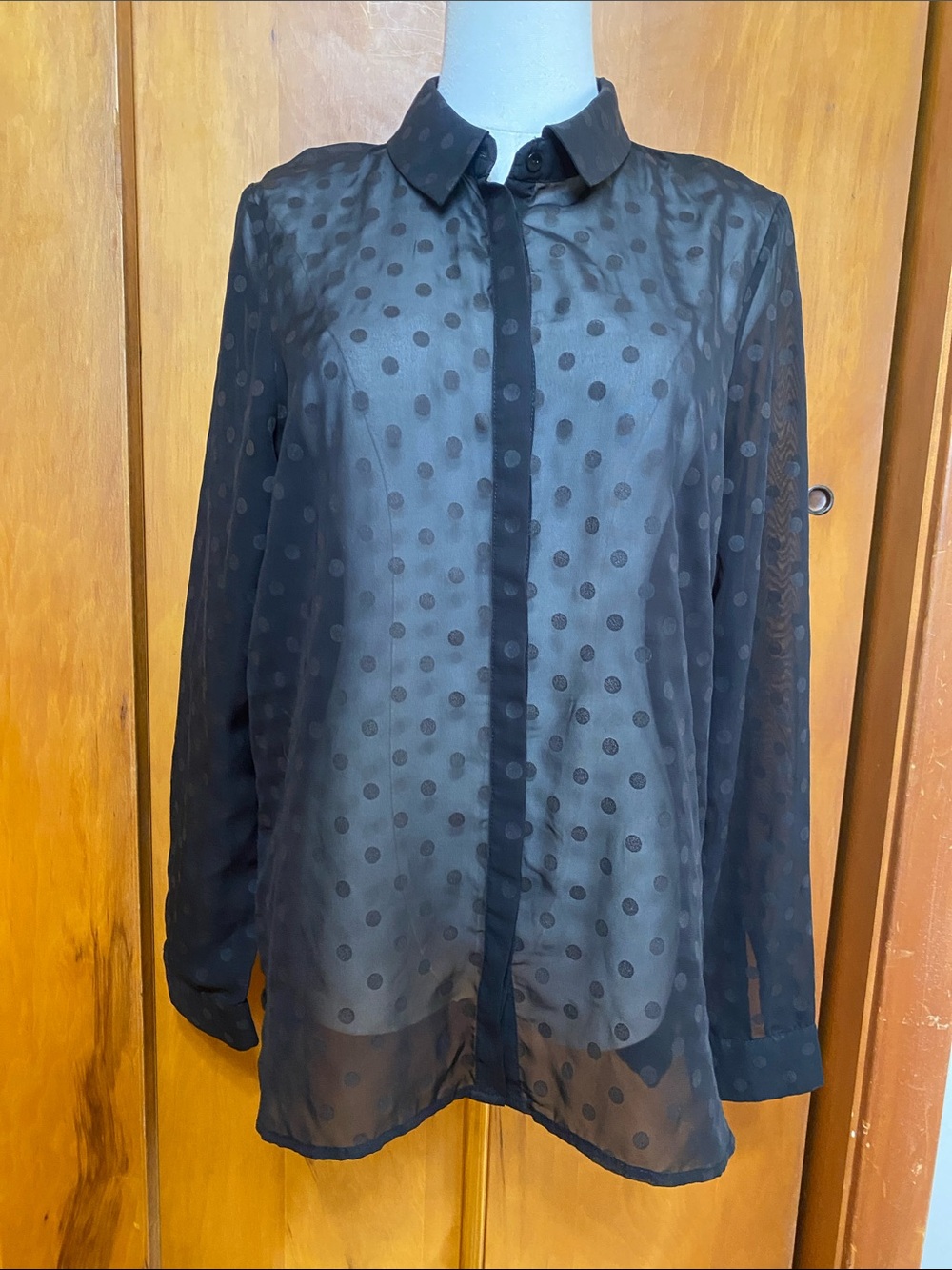 Vero Moda Black Sheer Polka Dot Button-Up Shirt Whimsigoth Goth Tailored P2P 20”